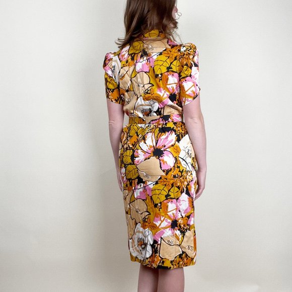 Vintage Floral Midi Dress Belted Puff Poof Sleeve Mid Century Modern 60's 70's - Picture 3 of 9